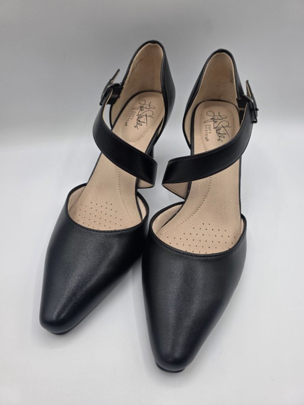 Life Stride Black Pointed Toe Ankle Strap Heels